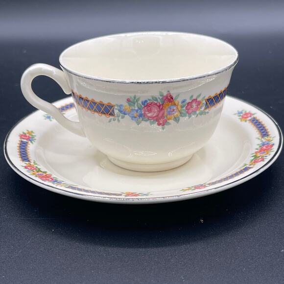 Hall China Co. Blue Bouquet Teacup and Saucer Set - Picture 3 of 5